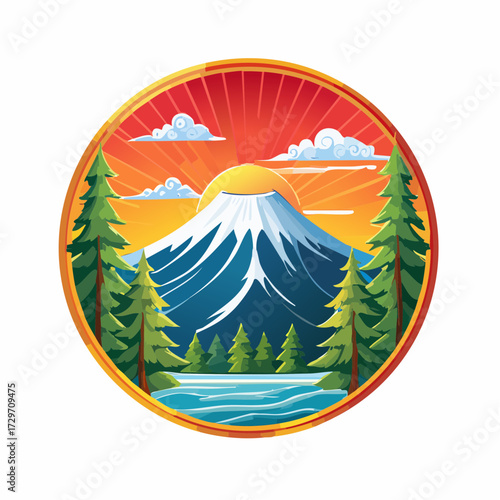 円形フレームと富士山を描いた新年の縁起物ベクター素材