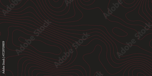 Ultra wide panoramic abstract topographic map red contour lines black background terrain path geographic mapping cartography scheme vector artwork for decoration
