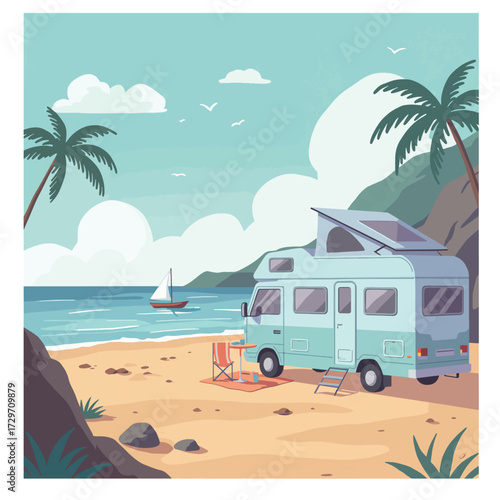Vector Illustration of Beach Scene with Camper Van and Palm Trees in Modern Minimalist Style