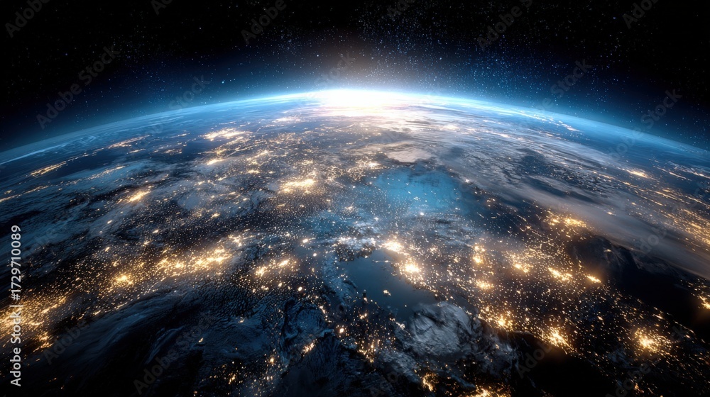 Fototapeta premium Earth from Space at Night: City Lights Illuminate the Planet's Surface as Seen from Orbit