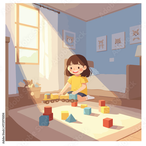 Vector Illustration of Child Playing with Toys in Nursery Room in Modern Cartoon Style with Bright Colors