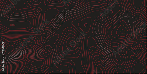 Abstract topographic map red contour line artwork black background ultra wide panoramic cartography terrain path mapping vector illustration decorative design
