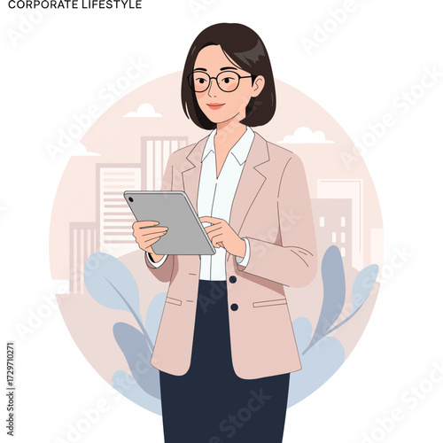 Vector Illustration of Business Woman Using Tablet in Modern Minimalist Style with Neutral Colors
