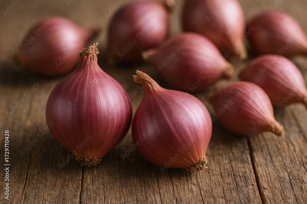 Fototapeta premium Fresh Shallots on Rustic Wooden Background, Culinary Ingredient, Gourmet Food Photography, Close-Up