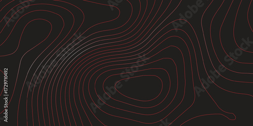 Modern abstract topographic map contour lines red black background panoramic terrain path illustration geographic mapping scheme vector artwork

