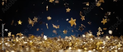Slow Motion Golden Star Confetti Rain Background. The shimmering and twinkling stars create a dreamy and festive atmosphere, perfect for New Year's Eve, holidays, and award announcements.
