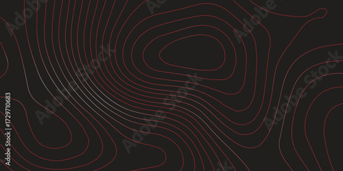 Detailed panoramic topographic map contour red lines black background terrain path mapping geographic cartography scheme ultra wide vector illustration
