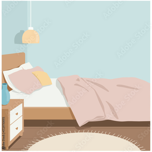 Minimalist Vector Bedroom Scene with Bed Pillow Blanket and Nightstand in Soft Pastel Colors