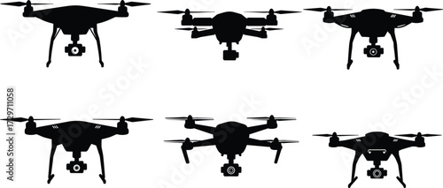 Drone silhouette, UAV quadcopter, flying drone, aerial photography, remote control aircraft, aviation technology, isolated drone, camera drone, drone vector, flight.
