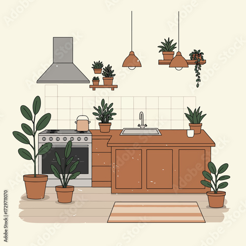 Minimalist Vector Illustration of Cozy Kitchen with Potted Plants and Warm Wooden Cabinetry in Modern Style