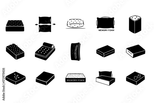 Memory Foam Icons Set: Orthopedic Mattress & Pillow, Pressure Relief, Spinal Alignment, Comfortable Restful Sleep, Bedding.