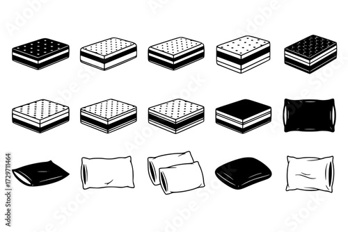 Memory Foam Icons Set: Orthopedic Mattress & Pillow, Pressure Relief, Spinal Alignment, Comfortable Restful Sleep, Bedding.