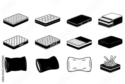 Memory Foam Icons Set: Orthopedic Mattress & Pillow, Pressure Relief, Spinal Alignment, Comfortable Restful Sleep, Bedding.