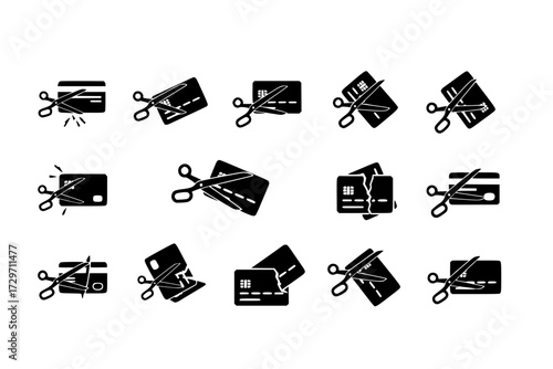 Cutting Credit Card Icons Set: Scissors Cutting Cards, Debt Cancellation, Financial Freedom, Responsible Spending Habits, Finance.