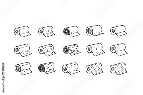 Cellophane Stretch Film Icons Set: Different Types of Roll Materials, Diverse Textures, Patterns, Packaging, Wrapping, Industrial, Vector.