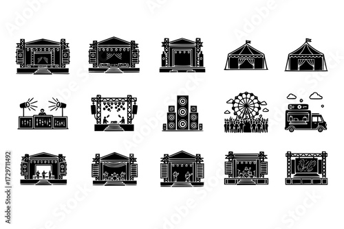 Outdoor Music Festival Stage Icons Set: Simple Vector Event Stage Icons for Web Design, Concert, Performance, Entertainment, Live Show.
