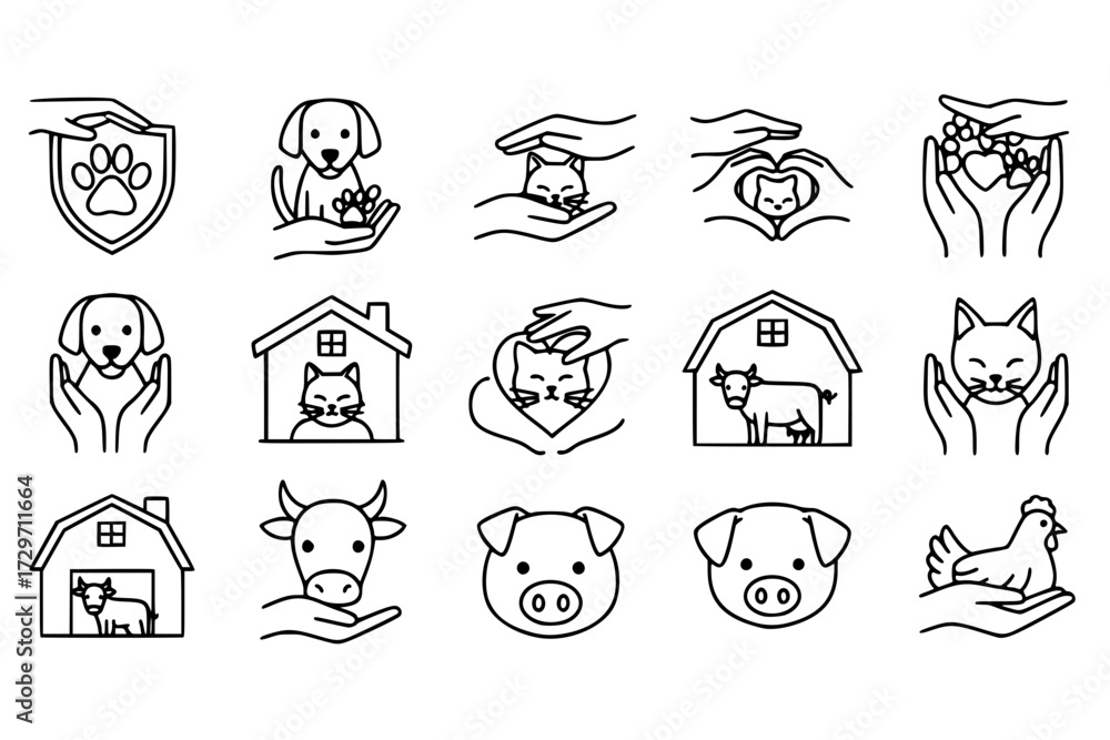 Fototapeta premium Animal Welfare Icons Set: Protecting Pets & Farm Animals, Hands Showing Care, Love, Shelter, Veterinary, Health, Compassion.