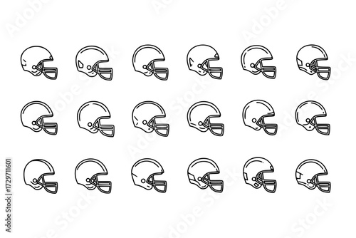 Rugby Helmet Icons Set: Line Art Icons Showcasing Various Football Helmets, Player Protection, Spirit of the Game, Sport, Safety.