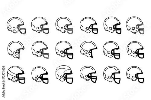 Rugby Helmet Icons Set: Line Art Icons Showcasing Various Football Helmets, Player Protection, Spirit of the Game, Sport, Safety.