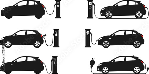 Electric car charging vector, vehicle silhouette illustration, modern eco transport, clean energy automobile, plug in hybrid concept, renewable power design graphic