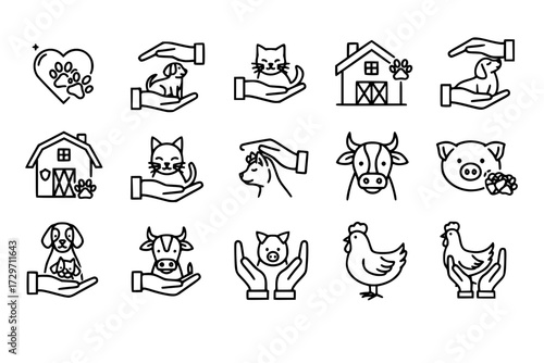 Animal Welfare Icons Set: Protecting Pets & Farm Animals, Hands Showing Care, Love, Shelter, Veterinary, Health, Compassion.