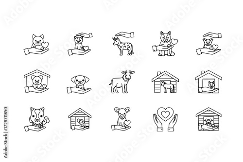 Animal Welfare Icons Set: Protecting Pets & Farm Animals, Hands Showing Care, Love, Shelter, Veterinary, Health, Compassion.