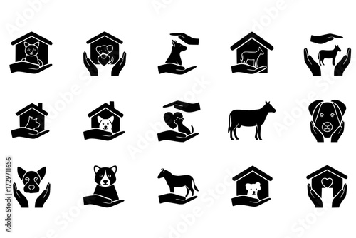 Animal Welfare Icons Set: Protecting Pets & Farm Animals, Hands Showing Care, Love, Shelter, Veterinary, Health, Compassion.