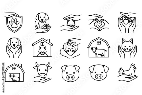 Animal Welfare Icons Set: Protecting Pets & Farm Animals, Hands Showing Care, Love, Shelter, Veterinary, Health, Compassion.