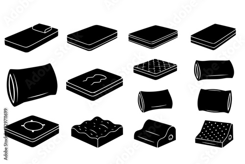 Memory Foam Icons Set: Orthopedic Mattress & Pillow, Pressure Relief, Spinal Alignment, Comfortable Restful Sleep, Bedding.