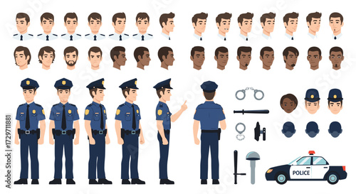 A diverse collection of police officers with various facial features and accessories presented in a pixelated art style.