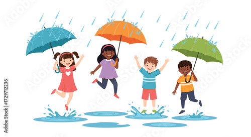 Children cheerfully jumping in puddles under colorful umbrellas during a rainy day.