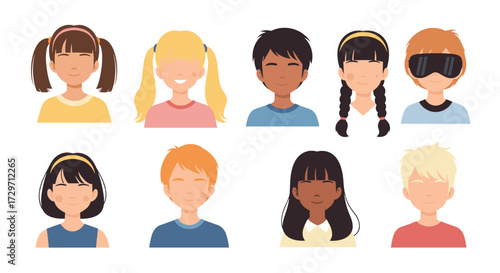 A collection of diverse cartoon avatars representing children from various backgrounds and ethnicities.