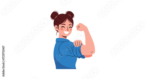 A smiling woman flexing her bicep in a blue shirt showing her strength and determination.