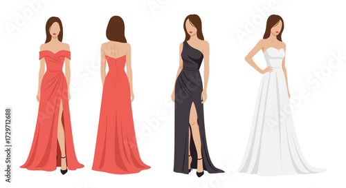 Elegant women's evening gowns with various styles and colors.