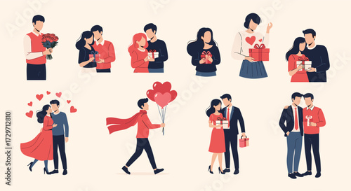 Romantic couples celebrating love and togetherness with gifts and affection.