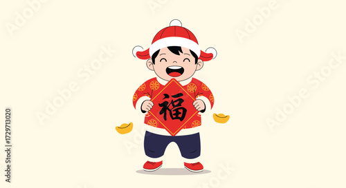 A joyful child in traditional attire celebrating new year traditions with good fortune symbols.