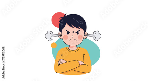 Illustration of an angry young boy with steam coming out of his ears and crossed arms.