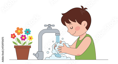 A happy boy washing his hands under running water with soap creating bubbles and a pot of colorful flowers nearby.
