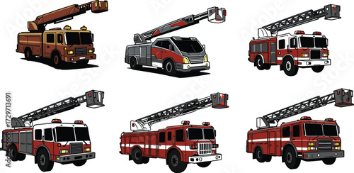 Fire truck vector illustration, emergency vehicle design, ladder engine graphic, rescue transport silhouette, firefighter automobile, emergency service truck, safety response vehicle