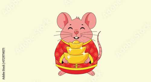 A cute cartoon rat in traditional Chinese clothing holding gold ingots for good fortune.