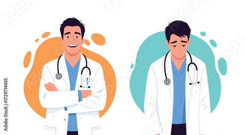 Two doctors one happy and smiling the other sad and concerned standing against colorful backgrounds
