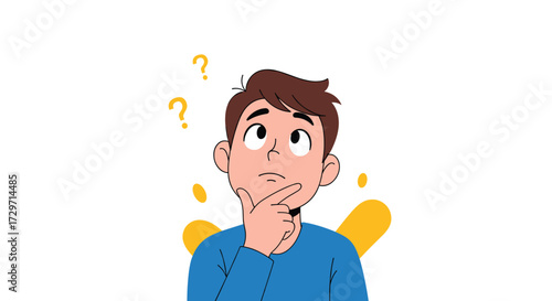 A person thinking with question marks above their head on a white background.