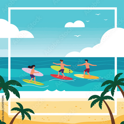 Vector Illustration of Kids Surfing on Ocean Waves in Bright Colorful Summer Scene Style in Cartoon Minimalist Design