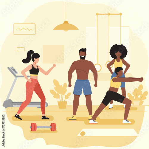 Modern Vector Illustration of Fitness Class with Diverse People Exercising in Gym Style Geometric Organic Design Bright Colors