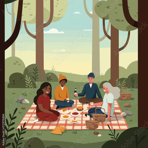 Vector Illustration of People Picnicking in Park in Modern Flat Style with Warm Earth Tones