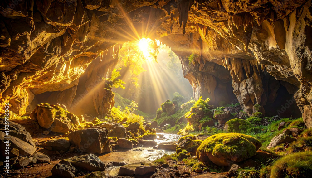 Obraz premium Sunlight streams into a mossy cave, illuminating rocks and lush greenery.