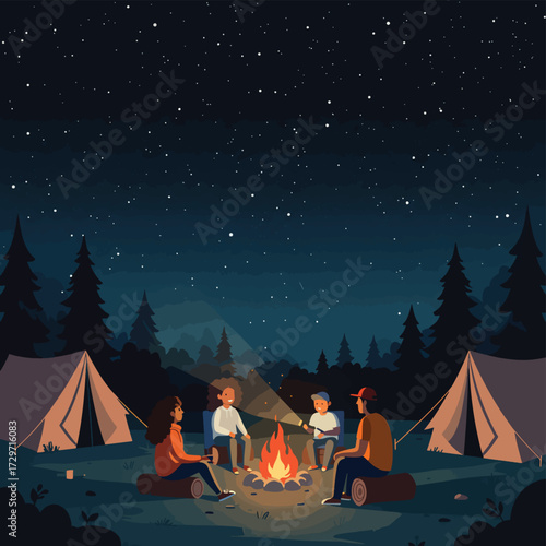 Vector Illustration of Night Camping Scene with Tents and Campfire in Modern Cartoon Style