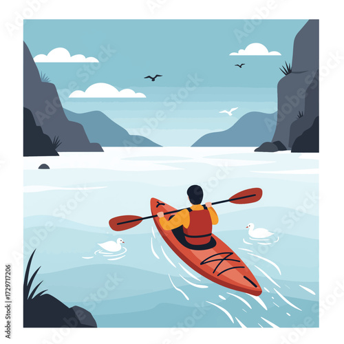 Vector Illustration of Kayaker in River Scenic in Minimalist Style with Calm Blue and Grey Tones
