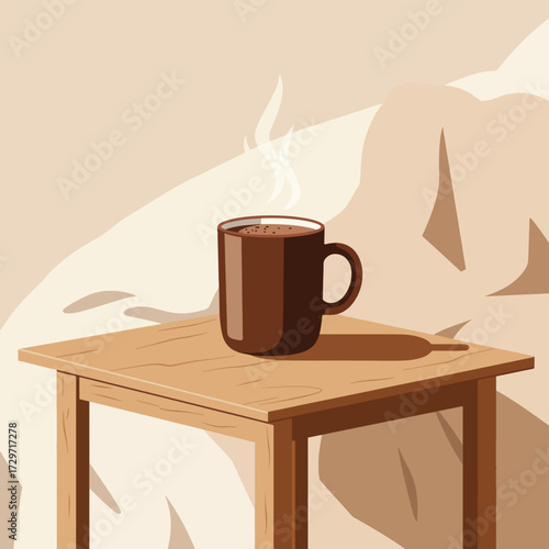 Minimalist Vector Illustration of Coffee Mug on Wooden Table in Warm Earth Tones in Contemporary Style