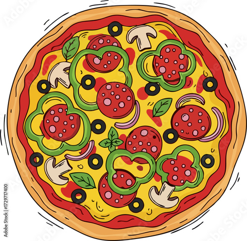 Fresh round pizza with tomato, cheese, olive, sausage, onion, basil. Traditional Italian fast food. Top view meal. Vector illustration